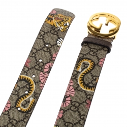 مملوكة مسبقًا حزام غوتشي بإبزيم جي جي متداخل كانفاس مطبوع نمر بنغالي جي جي سوبريم بيج و بني 90 سم