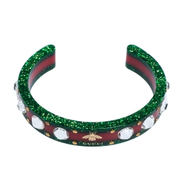 Pre Owned Gucci Red & Green Speckled Resin Crystal Open Cuff
