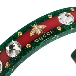 Pre Owned Gucci Red & Green Speckled Resin Crystal Open Cuff