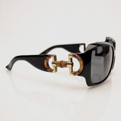 Pre Owned Gucci Black Plastic Bamboo Horsebit Oversized Sunglasses