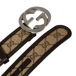 مملوكة مسبقًا Gucci Brown/Beige GG Canvas and Leather Interlocking G Buckle Belt 85 CM