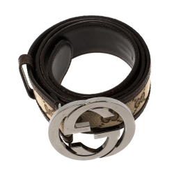 مملوكة مسبقًا Gucci Brown/Beige GG Canvas and Leather Interlocking G Buckle Belt 85 CM