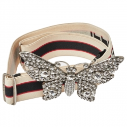 Pre Owned Gucci White Elastic Band Crystal Embellished Butterfly Buckle Belt 90 CM