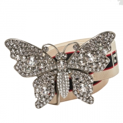 Pre Owned Gucci White Elastic Band Crystal Embellished Butterfly Buckle Belt 90 CM