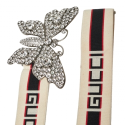 Pre Owned Gucci White Elastic Band Crystal Embellished Butterfly Buckle Belt 90 CM