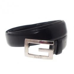 Pre Owned Gucci Black Leather G Buckle Belt 75CM