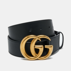 Pre Owned Gucci Black Leather Double G Buckle Belt 85CM