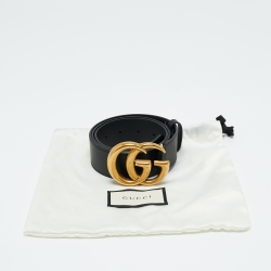 Pre Owned Gucci Black Leather Double G Buckle Belt 85CM