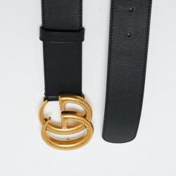 Pre Owned Gucci Black Leather Double G Buckle Belt 85CM