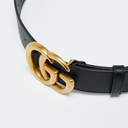 Pre Owned Gucci Black Leather Double G Buckle Belt 85CM