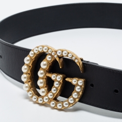 مملوكة مسبقًا Gucci Black Leather Pearl Embellished Double G Buckle Belt 85 CM