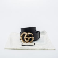 مملوكة مسبقًا Gucci Black Leather Pearl Embellished Double G Buckle Belt 85 CM