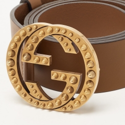 Gucci Brown Leather Interlocking Spike GG Buckle Belt 90CM