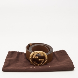 Gucci Brown Leather Interlocking Spike GG Buckle Belt 90CM
