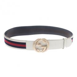مملوكة مسبقًا Gucci White Leather Web Detail Interlocking G Buckle Belt 80CM