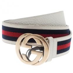 مملوكة مسبقًا Gucci White Leather Web Detail Interlocking G Buckle Belt 80CM