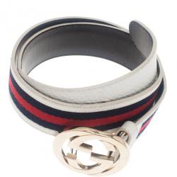 مملوكة مسبقًا Gucci White Leather Web Detail Interlocking G Buckle Belt 80CM