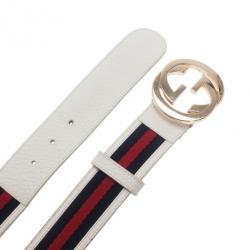 مملوكة مسبقًا Gucci White Leather Web Detail Interlocking G Buckle Belt 80CM