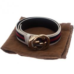 مملوكة مسبقًا Gucci White Leather Web Detail Interlocking G Buckle Belt 80CM