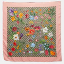 Gucci Pink Flora Print Silk Scarf