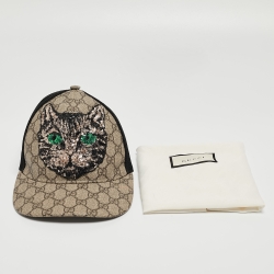 مملوكة مسبقًا Gucci Beige Mystic Cat Embellished Canvas & Mesh Baseball Cap S