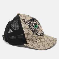 مملوكة مسبقًا Gucci Beige Mystic Cat Embellished Canvas & Mesh Baseball Cap S