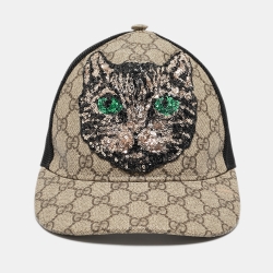 مملو كة مسبقًا Gucci Beige Mystic Cat Embellished Canvas & Mesh Baseball Cap S