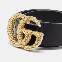 Pre Owned Gucci Black Leather Textured Double G Buckle Belt 85 CM