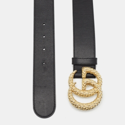 Pre Owned Gucci Black Leather Textured Double G Buckle Belt 85 CM