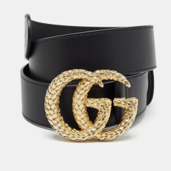 Pre Owned Gucci Black Leather Textured Double G Buckle Belt 85 CM