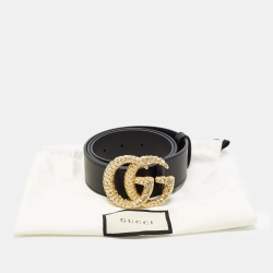 Pre Owned Gucci Black Leather Textured Double G Buckle Belt 85 CM