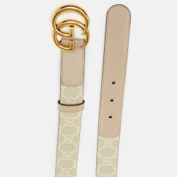 Gucci Beige GG Supreme Canvas and Leather GG Marmont Slim Belt 90 CM