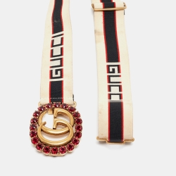 Gucci Off White/Red Stripe Elastic Double G Crystals Belt 85CM