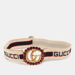 Gucci Off White/Red Stripe Elastic Double G Crystals Belt 85CM
