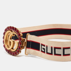 Gucci Off White/Red Stripe Elastic Double G Crystals Belt 85CM