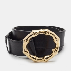 مملوكة مسبقًا Gucci Black Leather Bamboo Metal Ring Belt 80CM