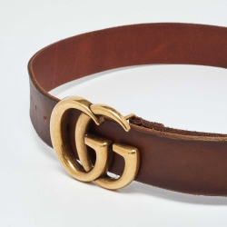 Pre Owned Gucci Brown Leather GG Marmont Buckle Belt 80CM