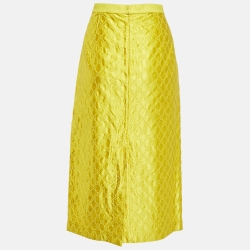Gucci Yellow GG Patterned Silk Midi Skirt L