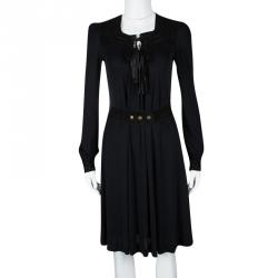 Pre Owned Gucci Navy Blue Suede Trim Tassel Detail Belted Long Sleeve Dress XS