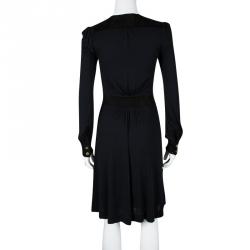 Pre Owned Gucci Navy Blue Suede Trim Tassel Detail Belted Long Sleeve Dress XS