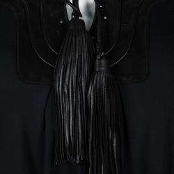 Pre Owned Gucci Navy Blue Suede Trim Tassel Detail Belted Long Sleeve Dress XS