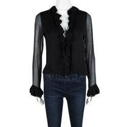 Pre Owned بلوزة غوتشي شير أكمام طويلة كشكشة حرير سوداء S