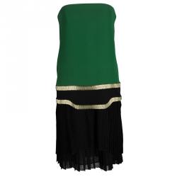 Pre Owned Gucci Green and Black Plisse Silk Detail Embellished Strapless Dress M