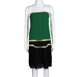 Pre Owned Gucci Green and Black Plisse Silk Detail Embellished Strapless Dress M