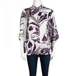 Pre Owned بلوزة غوتشي أزرار أمامية حرير مطبوعة بيضاء وبنفسجية S
