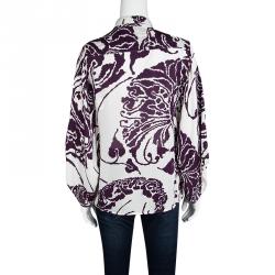 Pre Owned بلوزة غوتشي أزرار أمامية حرير مطبوعة بيضاء وبنفسجية S