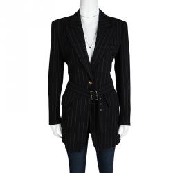 Pre Owned Gucci Black Wool Pinstriped Belted Long Blazer S