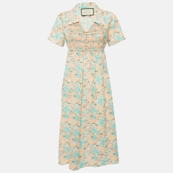 Gucci x Liberty Blue Floral Print Wool Shirring Detail Midi Dress M