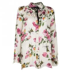 Gucci Beige Floral Print Silk Ruffle Detail Long Sleeve Blouse L