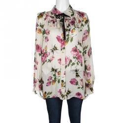 Gucci Beige Floral Print Silk Ruffle Detail Long Sleeve Blouse L